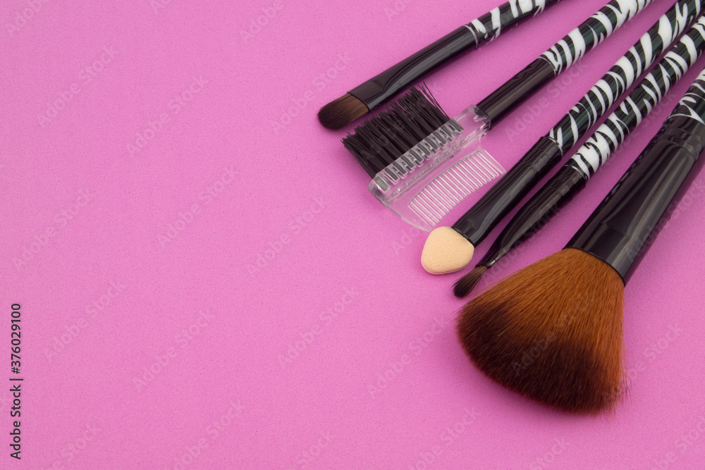 Wall mural set of makeup brushes on pink background with copy space