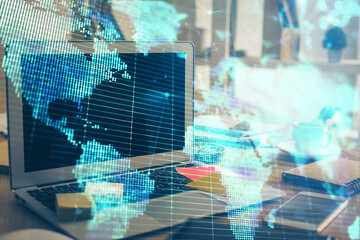 Multi exposure of business theme icons and table with computer background. Concept of success.