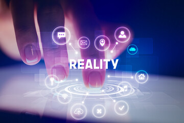 Finger touching tablet with web technology icons and REALITY inscription, web technology concept
