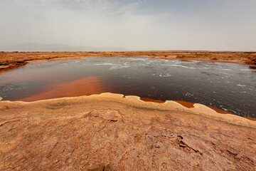 エチオピアでダナキル砂漠ツアーの途中で立ち寄った、ダロール火山近くの硫黄泉から湧き出る黄色い水