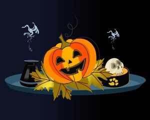 Pumpkin, skull and witch's potion.
Halloween treat on a tray.
Vector.  Helloween concept.
