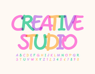Vector colorful sign Creative Studio. Artistic bright Font. Kids Alphabet Letters and Numbers set
