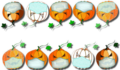 beautiful Halloween background on pumpkins wearing a medical mask