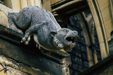 View of the exterior facade of the Roman Catholic Notre Dame de Reims Cathedral, a historical...
