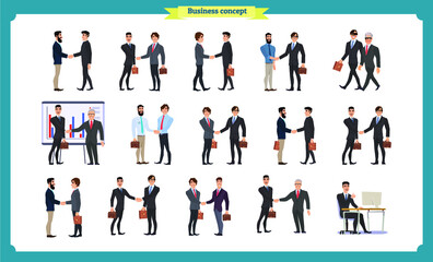 Fototapeta na wymiar Man's handshake. Business people teamwork, set of Businessmen in different poses, standing, arms crossed, handshaking, cartoon flat-style vector illustration isolated. handshake of two businessmen.