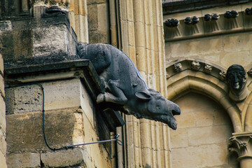 View of the exterior facade of the Roman Catholic Notre Dame de Reims Cathedral, a historical...