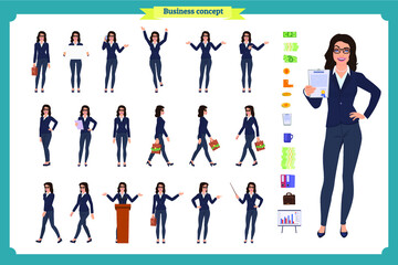 Fototapeta na wymiar Ready-to-use character set. Young business woman in formal wear. Different poses and emotions, running, standing, sitting, walking, happy, angry. Full length, front, rear view against white backgrou