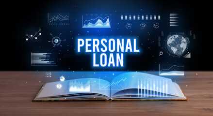 PERSONAL LOAN inscription coming out from an open book, creative business concept