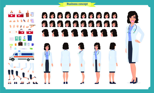 Female doctor character creation set.Front, side, back view animated character.Doctor character creation set with various views,Face emotions, poses, gestures.Cartoon style, flat vector illustrations