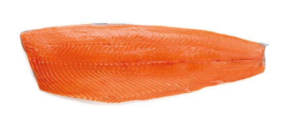 Whole raw salmon fillet isolated on white background. Half of fresh chilled boneless salmon with skin. Design element for healthy eating, seafood recipe ingredient and organic omega 3.
