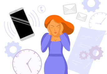 Woman with a phone. Modern life with a smartphone. Distract from work. Annoying notifications