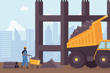 construction dump vehicle and builder in workplace scene