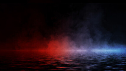 The confrontation of water vs fire. Mystical fire smoke with reflection on the shore. Stock illustration background.