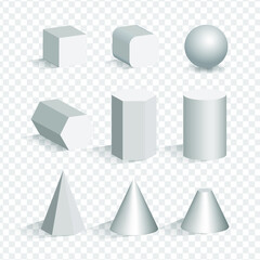 Set of the white 3d objects different shapes. Сube, pyramid, cylinder, sphere, cone. 3d modeling vector illustration