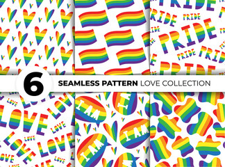 Vector set of seamless patterns of rainbow color lgbt themes. Lgbt rainbow flag. Public coming out concept. Freedom of speech message. Textile design