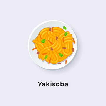 Delicious Yakisoba / Japanese Stir Fry Noodles vector illustration from top view, Japanese dish vector