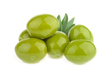 Green olives isolated on white background