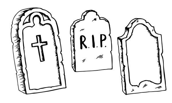 Vintage shabby headstones set. Hand drawn doodle sketch black outline gloomy gravestones for Halloween card banner poster. Stock vector illustration isolated on white background