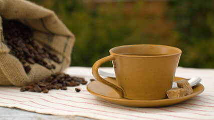 Hot coffee and coffee beans