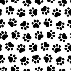 Fototapeta na wymiar Pet prints. Paw seamless pattern. Cute background for pets, dog or cat. Foot puppy. Black silhouette shape paw. Footprint pet. Animal track. Trace foot dog, cat. Design pattern pet for print. Vector