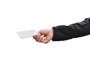 Man hand holding white business card Isolated on white background with clipping path.