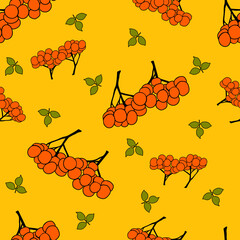 Seamless vector illustration with bunches of rowan on a yellow background. Suitable for textile, poster, printing