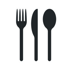 Fork knife and spoon icon logo. Simple flat shape restaurant or cafe place sign. Kitchen and diner menu symbol. Vector illustration image. Black silhouette isolated on white background.