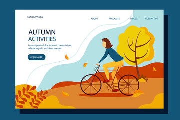Girl riding in the park with a dog. Landing page template. Autumn vector illustration in a flat style.