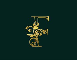 Gold F Luxury Logo Icon, Classy Letter Logo Design. Luxury Silver calligraphic alphabet arts logo.