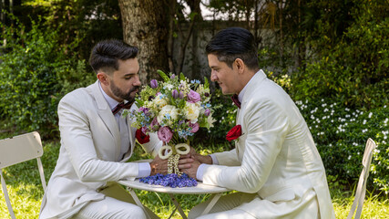 Young gay couple in white tuxedo looking each other during wedding ceremony at home. Two gays sharing their happy feeling at a flower corner in a house with love and care