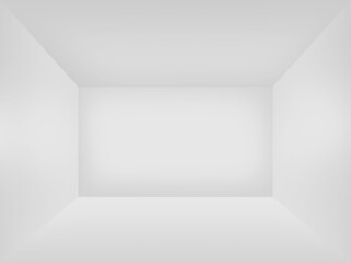 A white symmetrical empty cube shaped studio room for product presentation or backdrop
