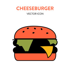 Burger colorful icon. Vector illustration of a big hot delicious cheeseburger with meat, melting cheese and green salad. Fast food burger bright vector icon