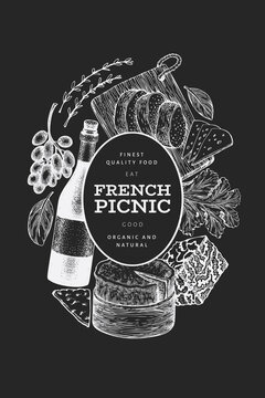 French food illustration design template. Hand drawn vector picnic meal illustrations on chalk board. Engraved style different snack and wine banner. Vintage food background.
