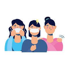 young women sick with covid19 symptoms avatars characters