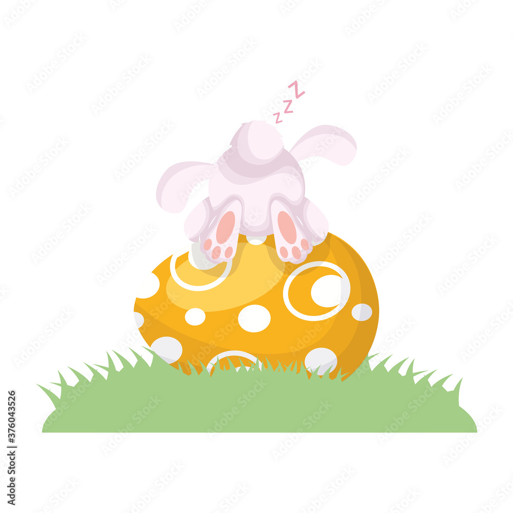 Sticker cute easter little rabbit sleeping in egg painted and grass scene