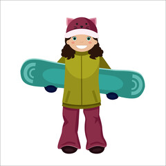 Vector cartoon smiling teenager brunette girl in ski suit and cute hat holding a snowboard behind her back. Winter sports, snowboarding, active lifestyle. Isolated illustration on white background.

