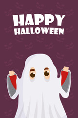 happy halloween card with lettering and ghost character