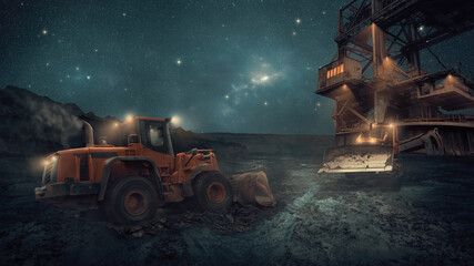 Heavy equipment vehicles at night on a construction site