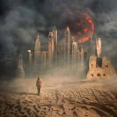 Lone woman in the midst of a global catastrophe due covid19 corona virus - obrazy, fototapety, plakaty
