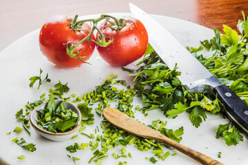 vegetables on marble chopping board
