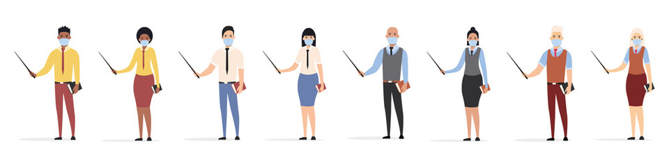 A group of teachers in a medical mask with a pointer in hand. Education in an educational institution during the coronavirus epidemic. Flat style. Vector illustration
