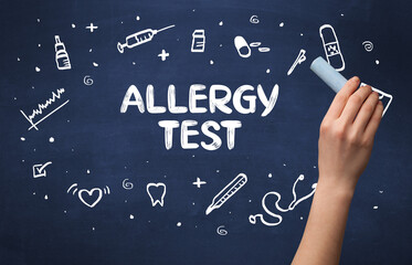 Hand drawing ALLERGY TEST inscription with white chalk on blackboard, medical concept