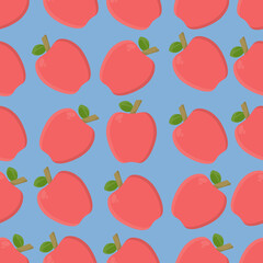 Seamless pattern with apples motif, blue background.