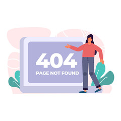 404 error, surprised woman with red caution sign, female person with error message on screen web search vector illustration for website