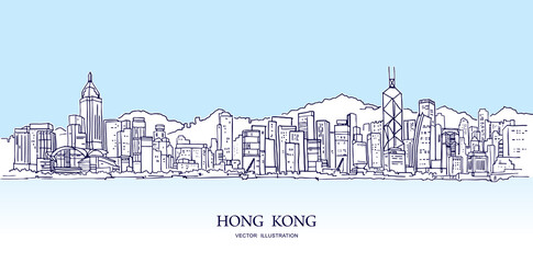 Hong Kong city skyline, illustration vector - obrazy, fototapety, plakaty