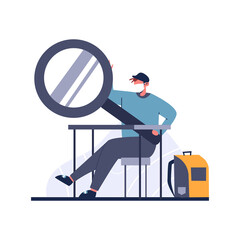 Back to school, male student with a huge magnifying glass and a backpack, high school student sitting in class vector illustration for website