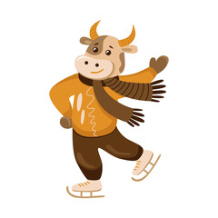 Year of the bull 2021. Chinese new year of the ox. The symbol of the New Year. Winter activities. The bull is skating.