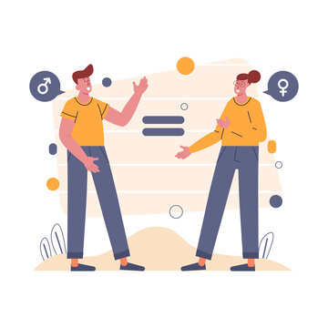 Gender equality, happy man and woman in same clothing with male and female gender symbols in message bubbles and equal symbol inbetween vector illustration for website