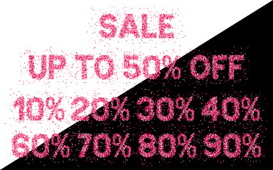 Set of design templates for sale backgrounds. Pink glittering numbers for discount vouchers, marketing posters, web banners, shopping flyers. Sale and special offer.