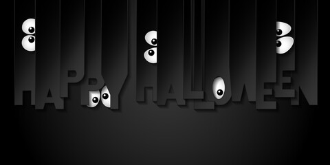 Happy Halloween vector background with letters cut out of black paper and with eyes.